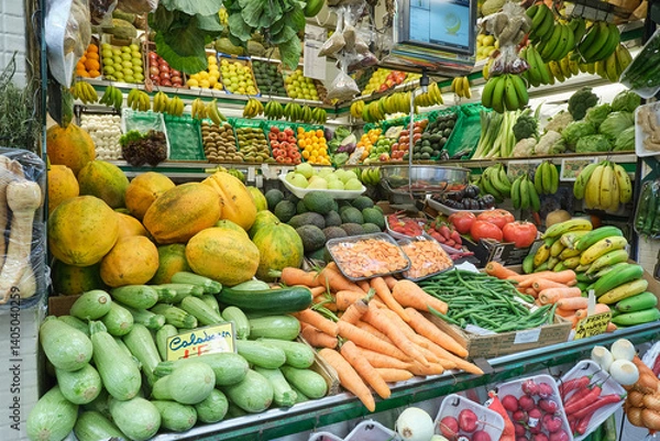 Fototapeta Vibrant and colorful arrangement of exotic tropical fruits displayed at a local market stall. The variety includes dragon fruit, papaya, coconut, avocado, cherimoya, passion fruit, citrus, and more, s