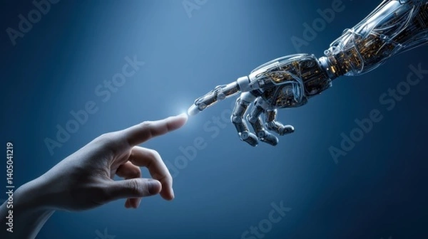 Fototapeta Futuristic interaction between human and robot fingers signifies the dawn of AI technology in a limitless digital landscape