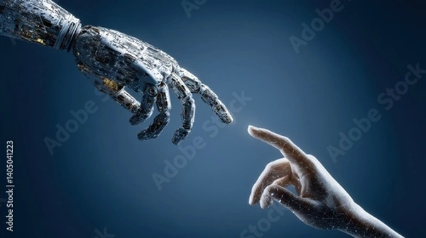 Fototapeta Exploring the intersection of human ingenuity and artificial intelligence with a dynamic touch of technology in a futuristic setting