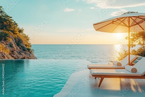 Fototapeta terrace overlooking sun loungers under umbrella, luxurious hotel pool, stunning summer pattern. Calm sky over sea