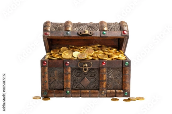 Fototapeta Vintage treasure chest overflowing with gold coins, perfect for creative projects and designs related to adventure themes