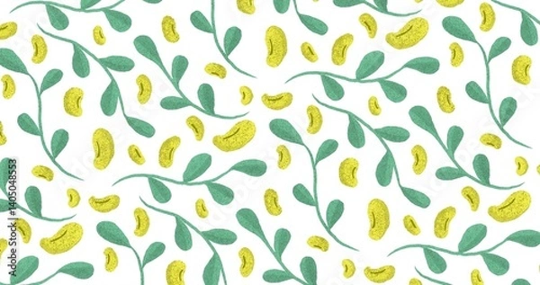 Obraz natural 4K background featuring soft green leafy sprigs intertwined with scattered yellow bean-like shapes. The hand-drawn texture and organic forms evoke a botanical, farm-to-table vibe.