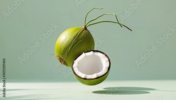 Fototapeta Soaring green coconut against a pastel backdrop, imaginative summer food idea, levitating young coconut with clipping path