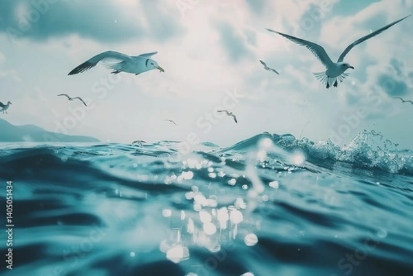 Fototapeta Serene ocean scene with seagulls flying over gentle waves under cloudy sky