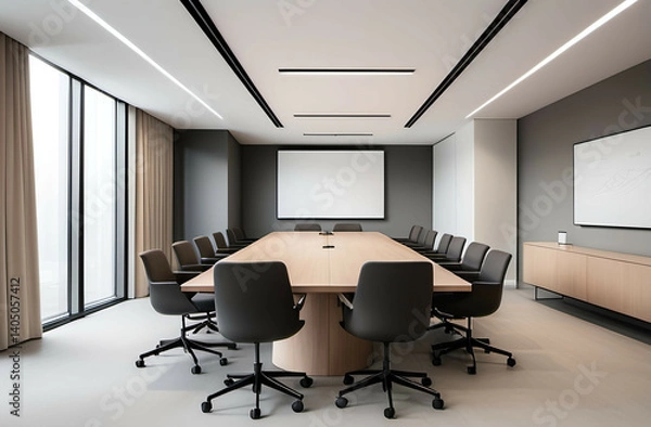 Fototapeta A spacious, modern meeting room with a minimalist design, featuring a large table, sleek chairs