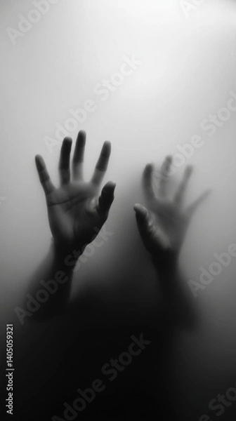 Fototapeta the hands of a person are pressed against the glass, the silhouette of the body is barely visible, the concept of a state of mind, loneliness, anxiety, hopelessness, danger, help