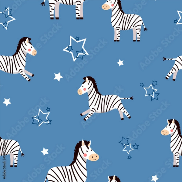 Obraz Seamless vector pattern with zebras on a blue background, featuring little stars. Cute illustration for textile design or kids' room decor