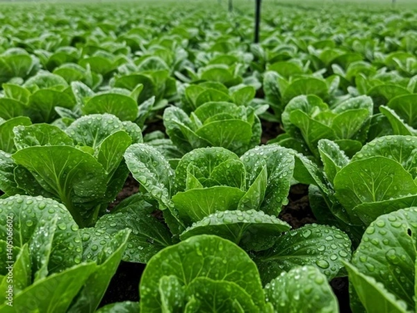 Obraz Organic farm rows close-up of sparkles green vegetables and solar-powered irrigation