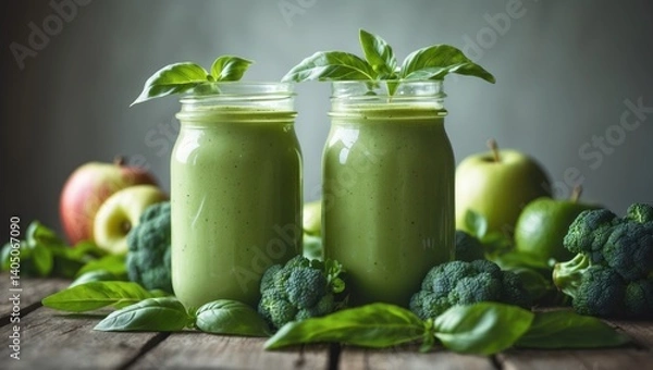 Obraz Nutrition and healthy dieting, lifestyle choices including vegan and vegetarian, alkaline concepts. Kitchen table featuring a green smoothie with organic ingredients and vegetables.