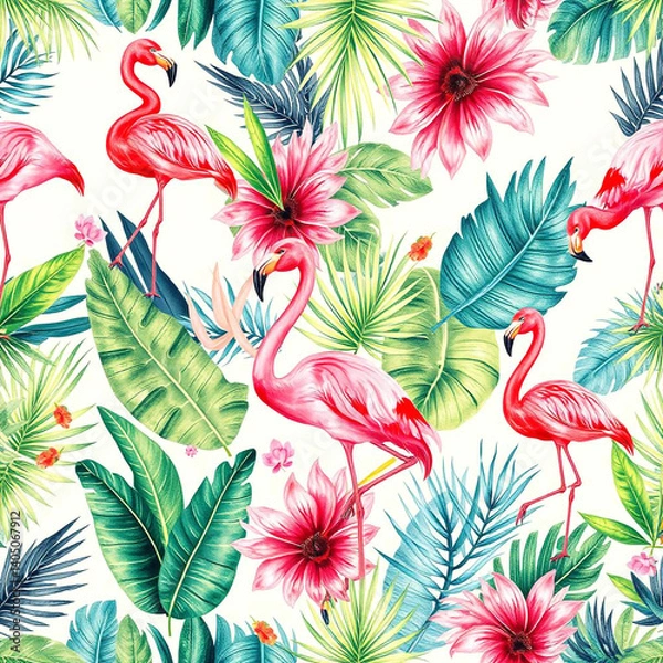 Fototapeta "Seamless Tropical Flamingo Pattern with Exotic Leaves and Flowers"

