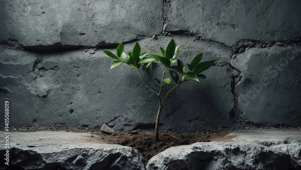 Obraz A recently planted tree is positioned with its back against a wall