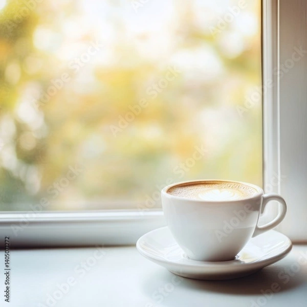 Fototapeta Morning coffee with a view, a moment of peace on a window sill