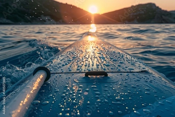 Fototapeta Kayaking adventure at sunrise with reflective water drops on paddle