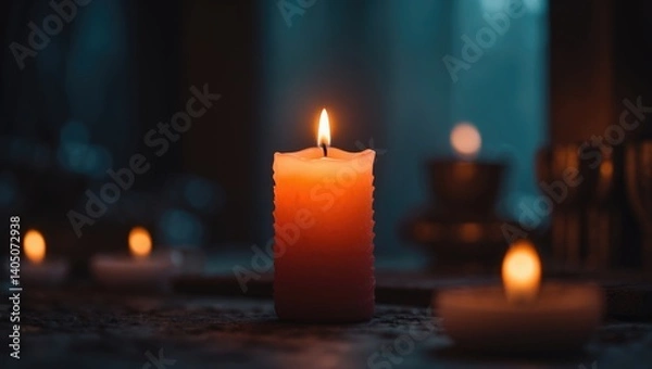 Fototapeta A solitary candle illuminating the darkness, fostering a tranquil and inviting ambiance