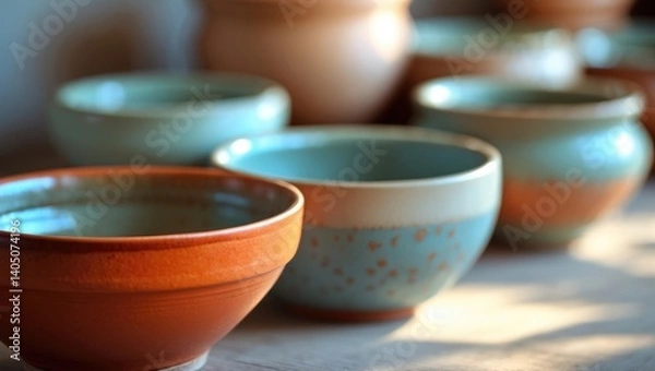 Fototapeta A line of pots showcasing various colors and designs, with the tallest pot in the center and the lightest pot at the bottom.