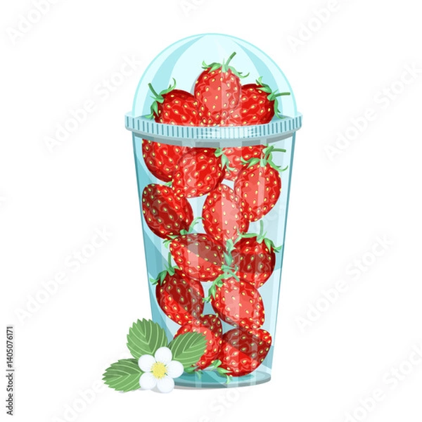 Obraz Strawberries in a plastic cup with a lid, insulated on a white background.Vector composition for summer designs.