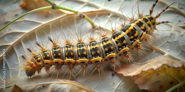 Fototapeta Colorful caterpillar macro crawling on dry leaf with spiky hairs, segment texture, environmental education, metamorphosis visuals, biology posters