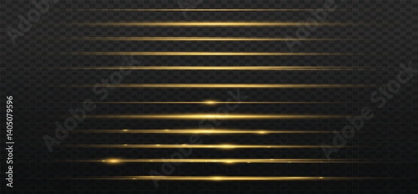 Fototapeta Yellow horizontal lens flares pack. Laser beams, horizontal light rays. Beautiful light flares. Glowing streaks on light background. Luminous abstract sparkling lined background.