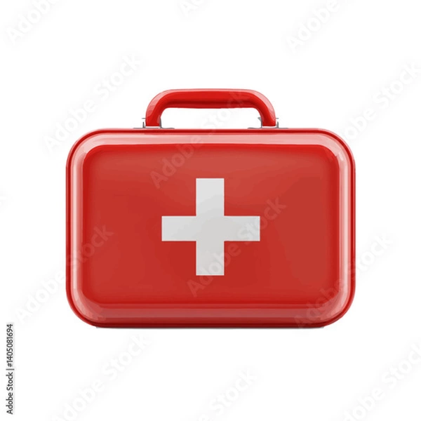 Obraz Realistic rendering of a shiny red first aid kit with a prominent white medical cross on the front. Represents emergency medical supplies, healthcare, and preparedness.