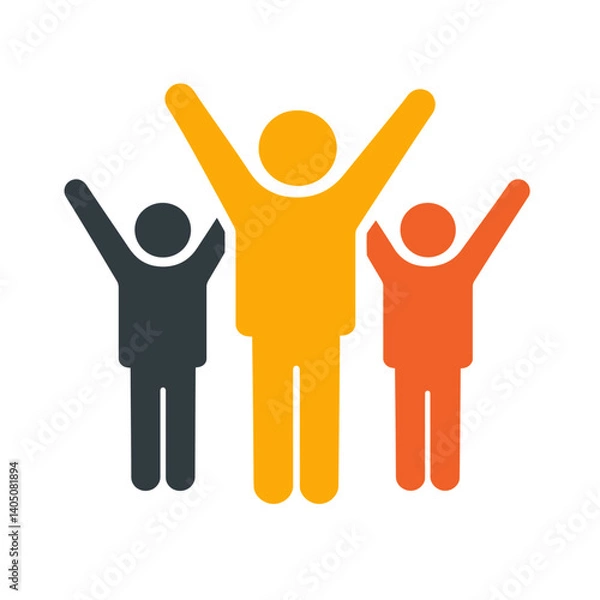 Obraz Simple colorful icon of three people in dark gray, yellow, and orange with their arms raised in celebration. Represents teamwork, success, achievement, and community spirit.