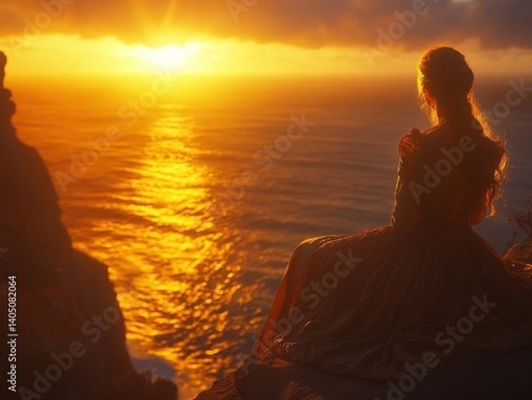 Obraz Golden sunset view of woman on cliff overlooking ocean.