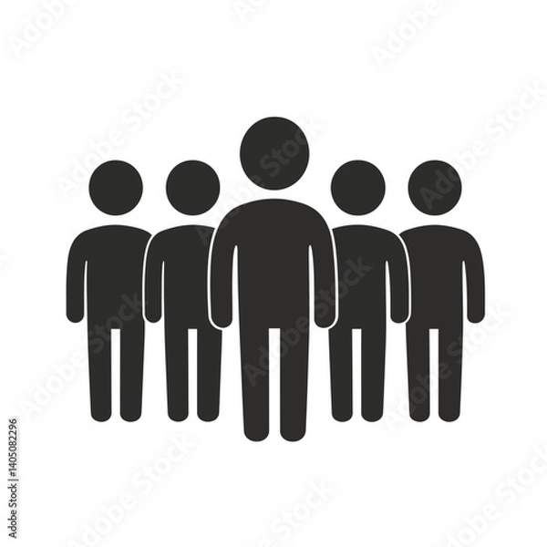 Obraz Simple black silhouette icon of a group of five people standing together, with one figure slightly in front. Represents teamwork, community, and social gathering.