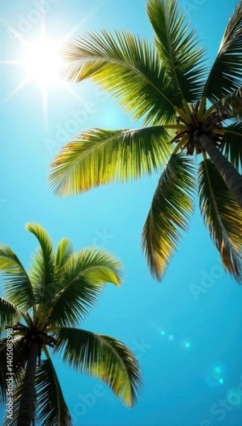 Fototapeta Sun-drenched palm fronds reach for vibrant blue sky, photo, low angle, sea