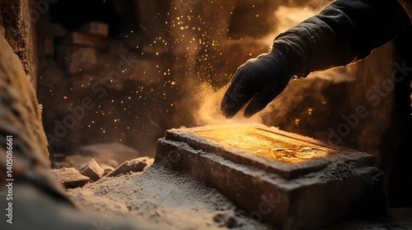 Obraz Discovery of Gold: An image captures a person's hand reaching out to interact with a golden treasure chest, creating a scene of discovery and mystery