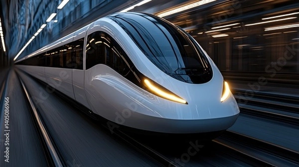 Obraz A modern, sleek train speeding through a tunnel.