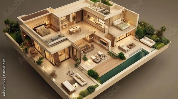 Obraz Contemporary house cross-section with upscale design and lavish outdoor living