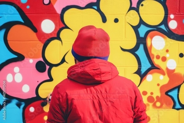 Fototapeta Artist creates vibrant cartoon mural on city wall with colorful paint splashes in urban area