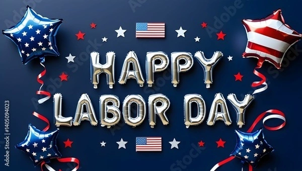 Fototapeta A dark blue background decorated with a subtle pattern of stars. Centered, bold metallic silver text reads 'HAPPY LABOR DAY' with small red, white, and blue stars around it.