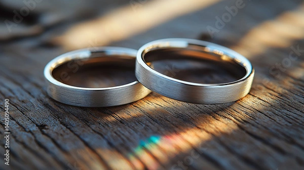 Fototapeta Eternal Bonds: Two elegant wedding rings rest on a rustic wooden surface, bathed in natural light, symbolizing a timeless promise of love, commitment, and an unbreakable partnership.