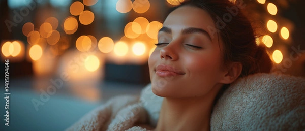Fototapeta Serene Solitude: A woman finds peace and relaxation in a softly lit space, enveloped by warmth and tranquility. Capturing a moment of pure serenity and inner peace.