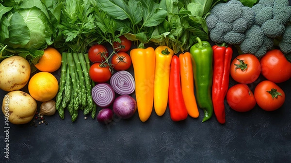 Fototapeta Colorful Fresh Vegetables: A vibrant assortment of fresh, healthy vegetables arranged in a visually appealing and appetizing display. Representing fresh food, healthy eating and balanced nutrition.