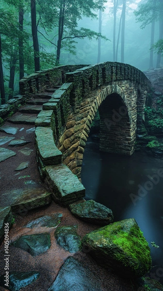 Fototapeta Stone Bridge in Lush Forest: A captivating stone bridge arches gracefully over tranquil waters, enveloped by a verdant forest shrouded in a mystical mist.