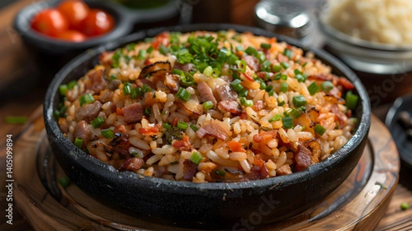 Fototapeta A close up shot of a bowl filled with rice, meat, and green onions on a wooden surface table top
