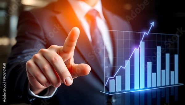 Fototapeta Businessman Touching Digital Economic Growth Chart Achieving Financial Success