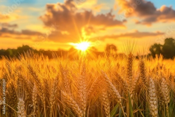 Obraz The setting sun paints the sky over a rural wheat field, casting a golden glow over ripening ears of wheat, offering a rich harvest concept with room for text