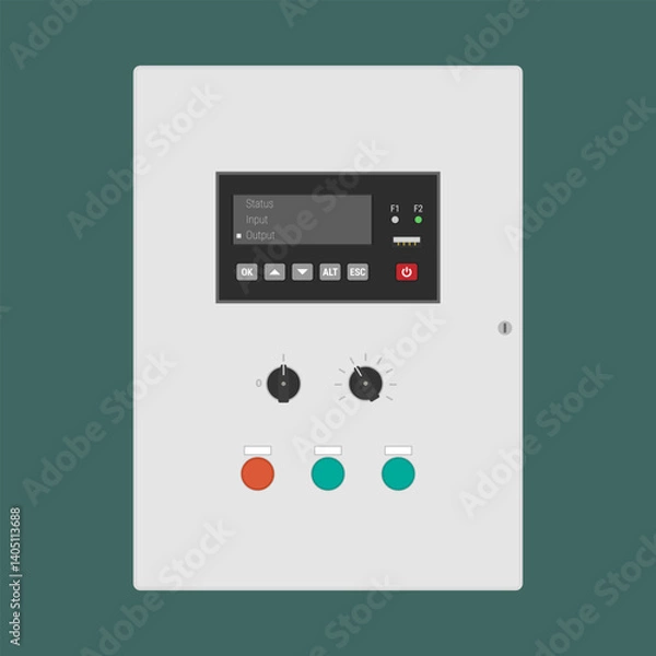 Fototapeta Industrial control panel with programmable controller and buttons. Flat style vector illustration. EPS10