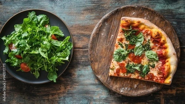 Fototapeta Top-down view of a rustic wooden table with a delicious slice of pizza topped with fresh herbs, alongside a plate of vibrant green salad leaves, creating an inviting menu concept with space for text
