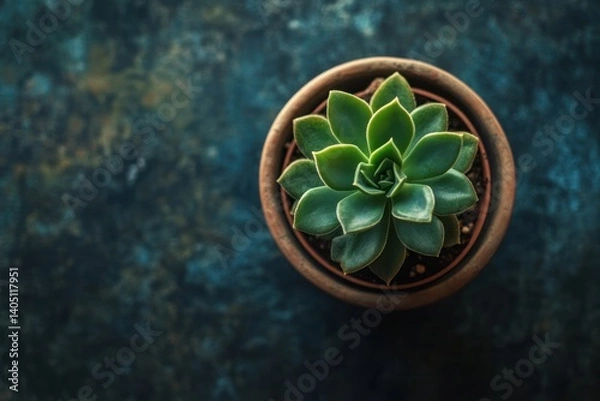 Obraz Top-down view of a small plant in a pot, creating a minimalist, clean aesthetic, ideal for eco-friendly or nature-themed visuals