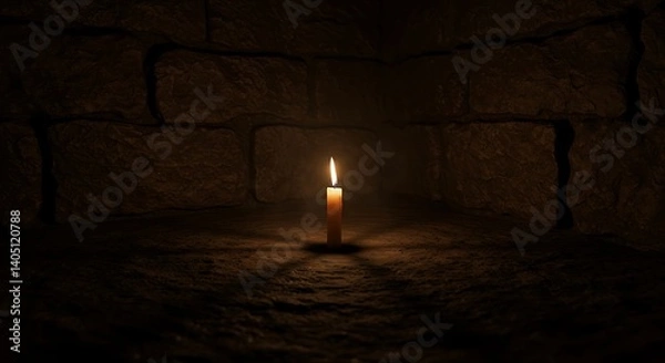 Fototapeta Candle Burning Brightly in Dark Stone Room Illuminating Quiet Space