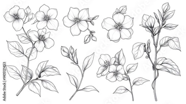 Fototapeta Detailed vector artwork of jasmine flowers with intricate petal and leaf design image
