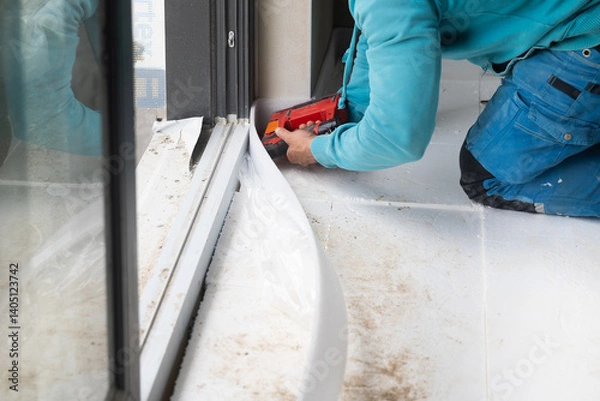 Fototapeta Construction worker installing thermal insulation around window using nail gun
