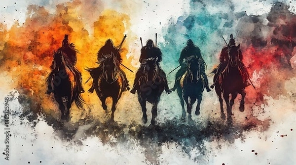 Obraz Five silhouetted horsemen riding across a vibrant, colorful landscape.