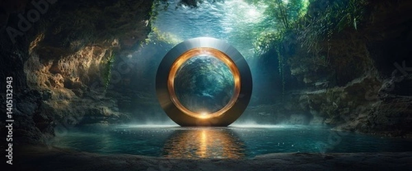 Fototapeta Cave portal Metallic ring in a pool amidst nature with soft lighting