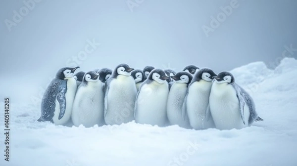 Fototapeta A huddle of emperor penguin chicks in a snowy Antarctic landscape.