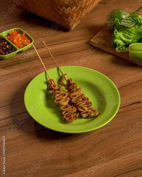 Fototapeta Chicken Intestine Satay Served with Spicy Sambal and Fresh Vegetables, Authentic Indonesian Dish with Unique Texture and Bold Flavors.