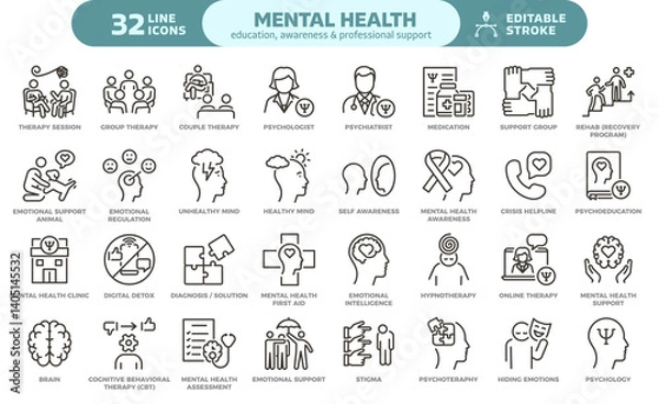 Fototapeta Mental health education, awareness & professional context and support icon set. Thin line editable stroke icons for psychotherapy, psychology, support, workshops, diagnosis and crisis care